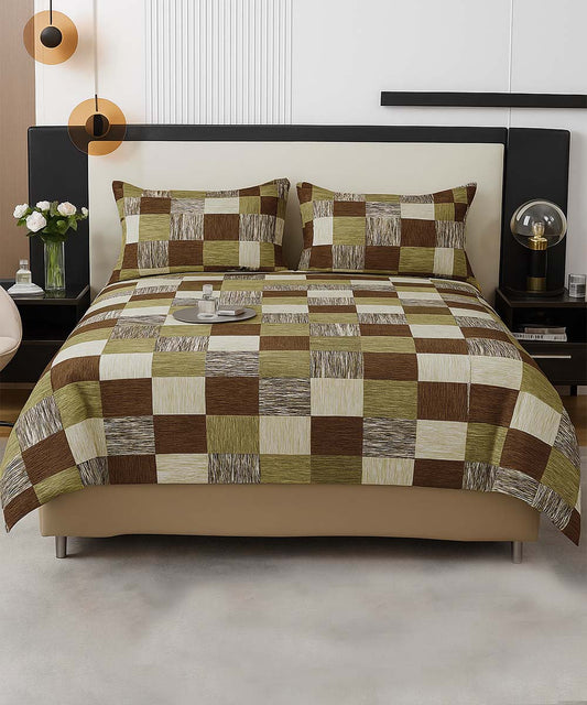 Olive Check Bliss – 200 GSM Pure Cotton Double Bedsheet with Pillow Covers | 90x100 inches