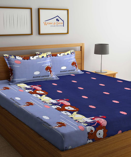 Animal Cartoon  King Fitted Bedsheet With 2 Pillow Covers