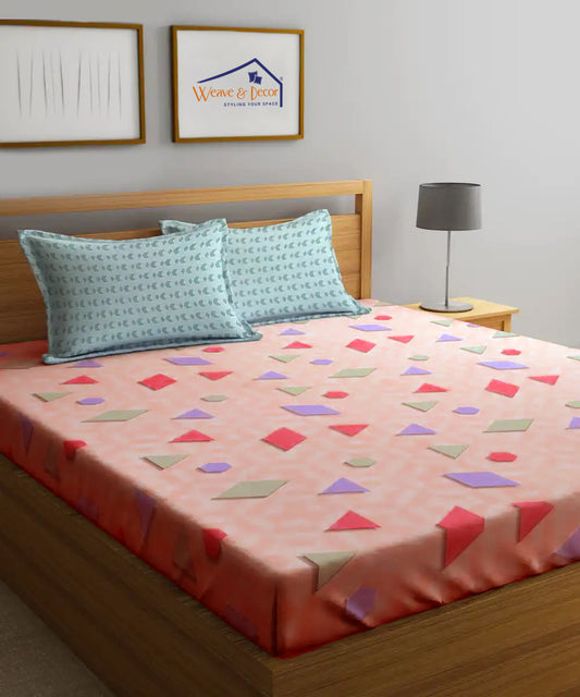 Peach Geometric Flat Double Bedsheet With 2 Pillow Cover