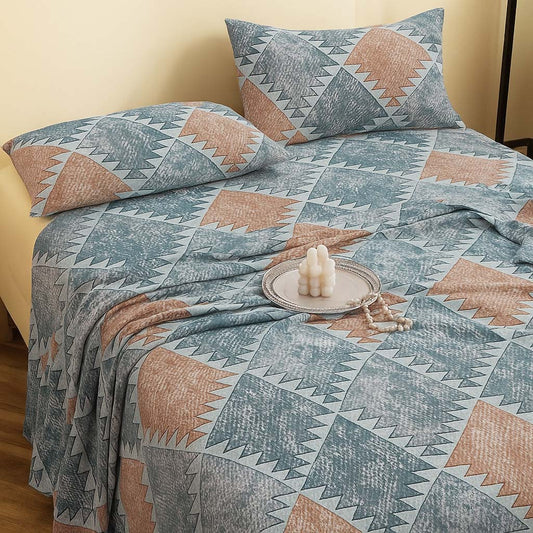 Azure Geo Harmony – 200 GSM Pure Cotton Double Bedsheet with Pillow Covers | 90x100 inches