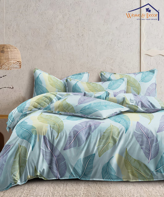 Blue Leaves King Size Bedsheet with 2 Pillow Covers