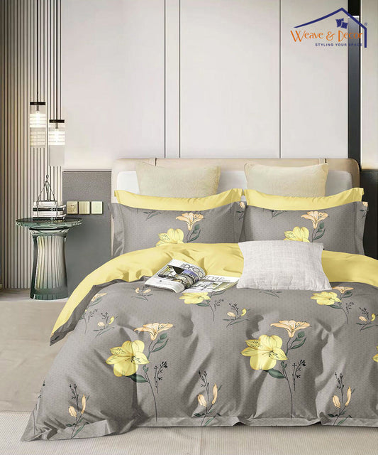 Yellow Flower Flat Double Bedsheet With 2 Pillow Covers