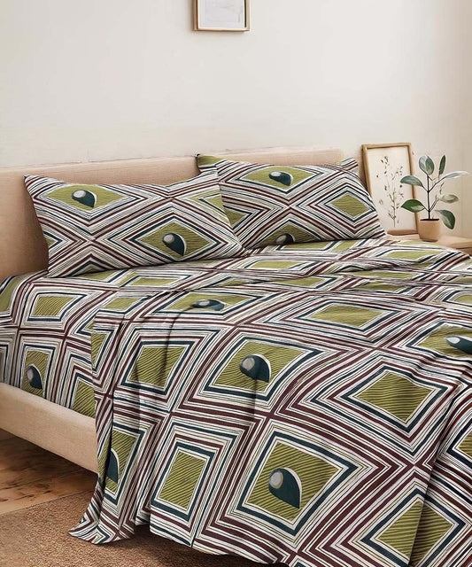 Olive Diamond Harmony – 200 GSM Pure Cotton Double Bedsheet with Pillow Covers |90x100 inches