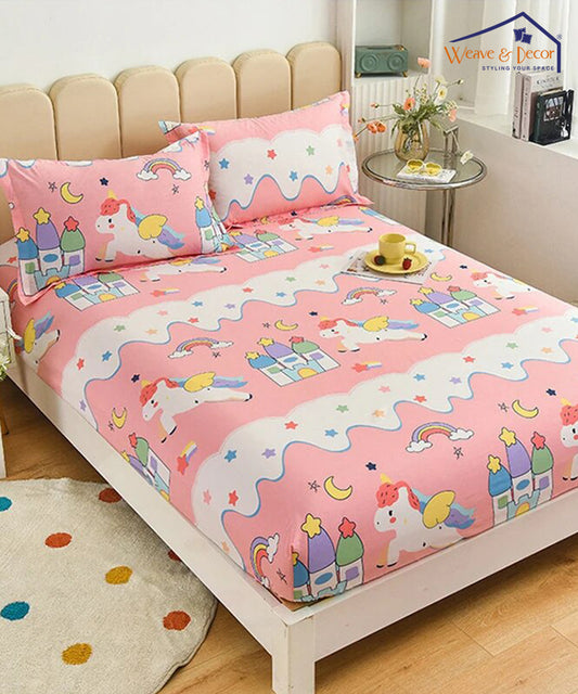 Unicorn Wonder Land King Fitted Bedsheet With 2 Pillow Covers