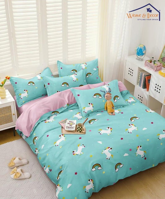 Blue Unicorn Queen Fitted Bedsheet With 2 Pillow Covers