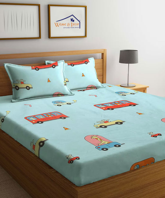 Blue Kids King Size Bedsheet With 2 Pillow Covers