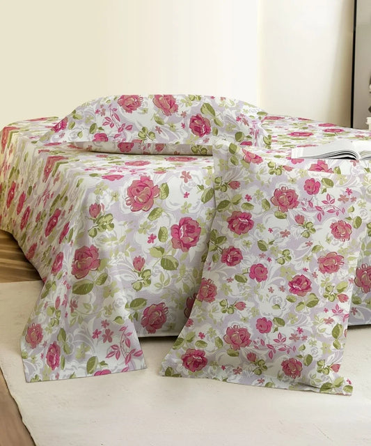 Blush Garden Floral Cotton Double Bedsheet with Pillow Covers
