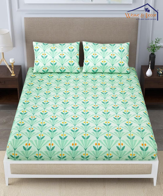 Green Floral Double Bedsheet With 2 Pillow Cover