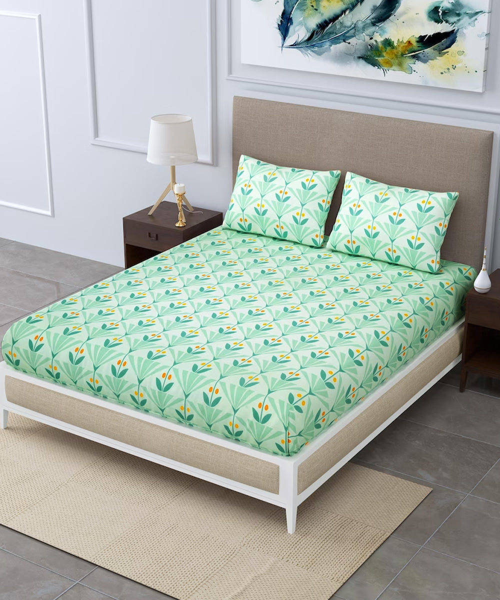 Green Floral Double Bedsheet With 2 Pillow Cover