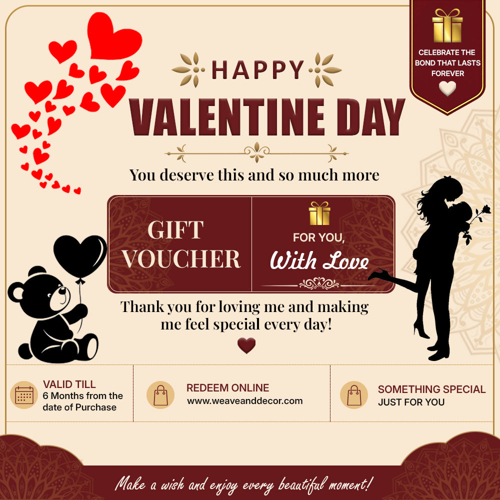 A Valentine's Day gift voucher template with a cream background, red hearts, dark red banners, and decorative illustrations including a teddy bear, a silhouette of a woman, and gift icons. Text reads 'Happy Valentine's Day' and 'Gift Voucher' with redemption details at the bottom.