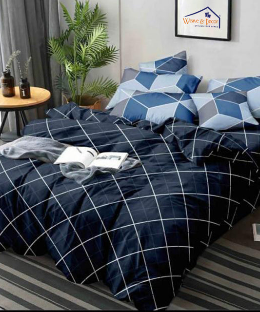 Navyblue Rhombus King Fitted Bedsheet With 2 Pillow Covers