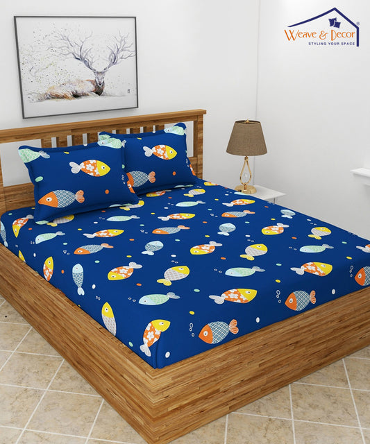 Blue Fish Kids Queen Fitted Bedsheet With 2 Pillow Covers