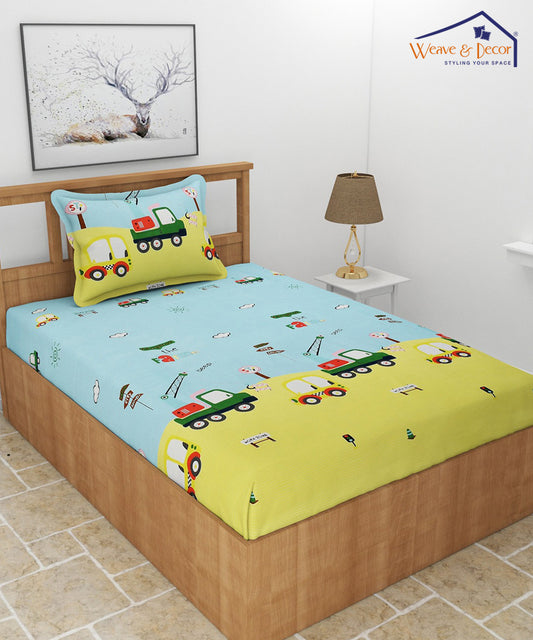 Cars Kids Single Bedsheet With 1 Pillow Cover