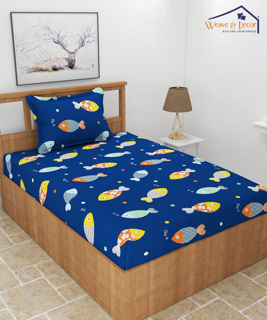 Blue Fish Kids Single Fitted Bedsheet With 1 Pillow Cover