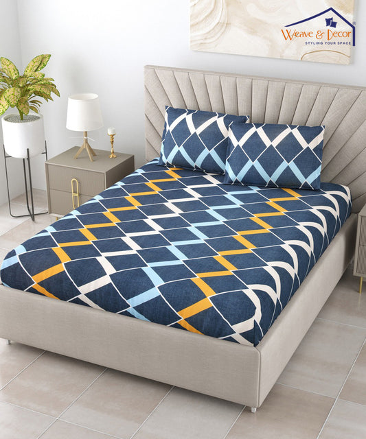 Blue Geometric Double Bedsheet With 2 Pillow Covers