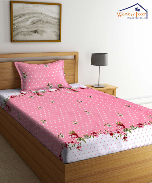 Pink & White Floral Single Fitted Bedsheet With 1 Pillow Cover