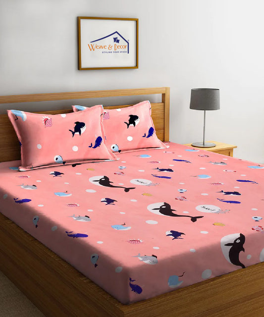 Pink Dolphin Kids Queen Fitted Bedsheet With 2 Pillow Covers