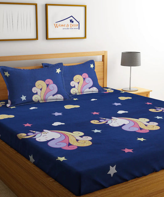 Unicorn Kids Queen Fitted Bedsheet With 2 Pilliow Covers