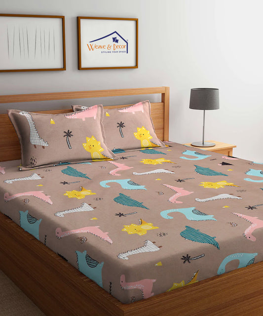 Cute Dinosaur Super King Fitted Bedsheet With 2 Pillow Covers