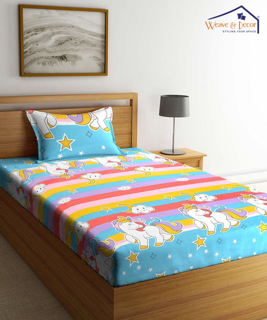 Unicorn Print Single Fitted Bedsheet With 1 Pillow Cover