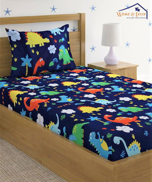 Blue Dinasaur Kids Single Fitted Bedsheet With 1 Pillow Cover