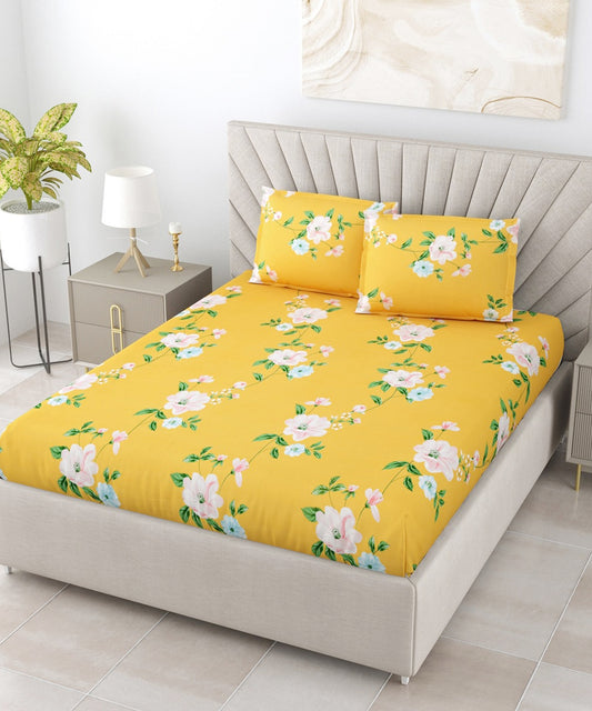 Yellow Floral Queen Fitted Bedsheet With 2 Pillow Covers