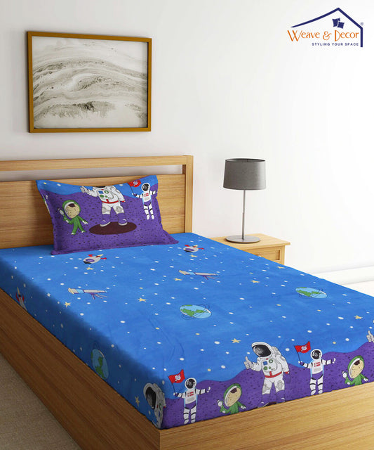 Space Kids Single Bedsheet with 1 Pillow Cover