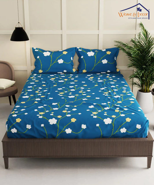 Blue Floral King Fitted Bedsheet With 2 Pillow Covers
