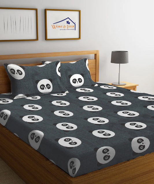 Grey Pandas Super King Fitted Bedsheet With 2 Pillow Covers