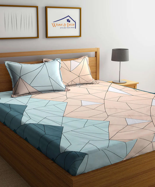 Multi Color Geometric Queen Fitted Bedsheet With 2 Pillow Covers