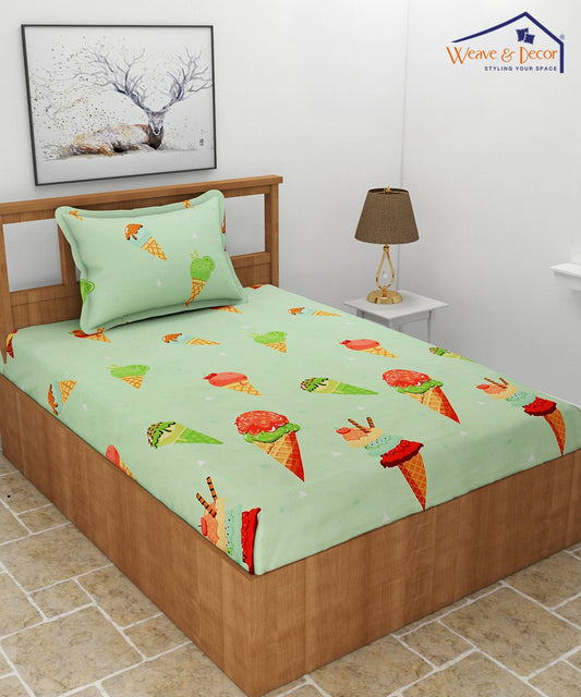 Kids Green Icecream Single Bedsheet With 1 Pillow Cover