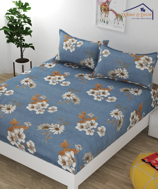 Blueish Grey Floral Super King Fitted Bedsheet With 2 Pillow Covers