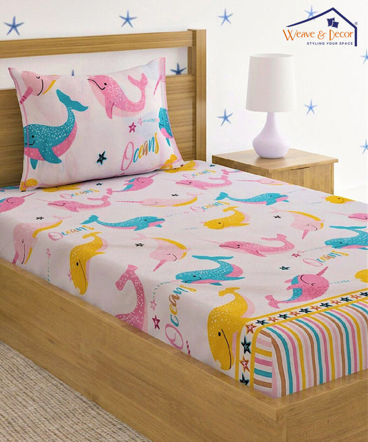 Dolphins Kids Single Bedsheet with 1 Pillow Cover