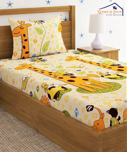 Cute Giraffe Single Fitted Bedsheet With 1 Pillow Cover