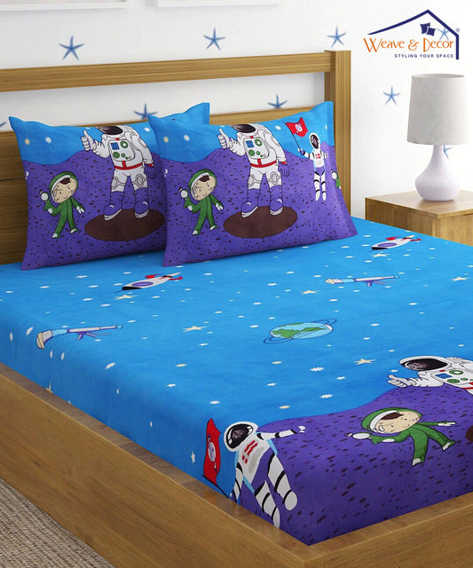 Space Kids King Size Bedsheet  with 2 Pillow Covers