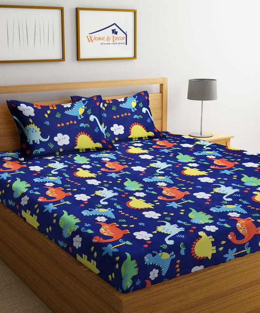 Blue Dinasaur Kids Queen Fitted Bedsheet With 2 Pillow Covers