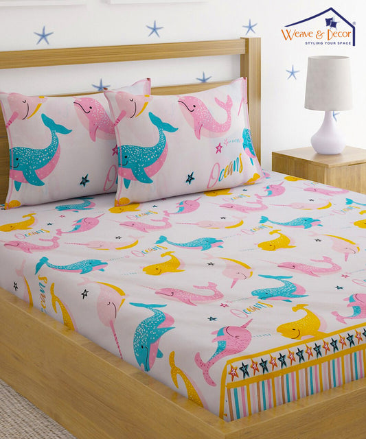 Dolphin Kids Super King Fitted Bedsheet With 2 Pillow Covers