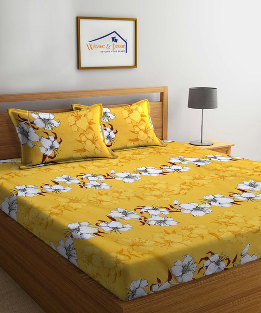 Mustard Floral Queen Fitted Bedsheet With 2 Pillow Covers