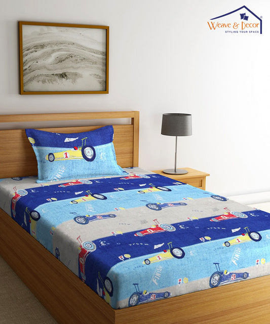 Multicolour Kids Single Fitted Bedsheet With 1 Pillow Cover
