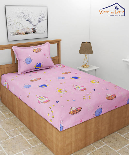 Pink Kids Single Fitted Bedsheet With 1 Pillow Cover