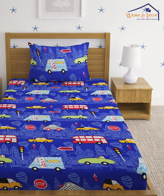 Toy Car Navy Blue Single Bedsheet With 1 Pillow Cover