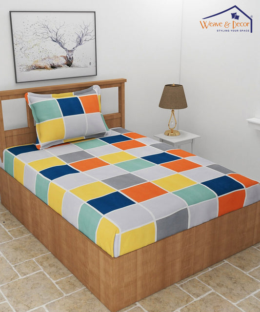 Blue Checks Single Fitted Bedsheet With 1 Pillow Cover