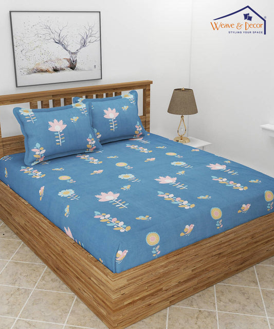 Blue Floral Super King Fitted Bedsheet With 2 Pillow Covers