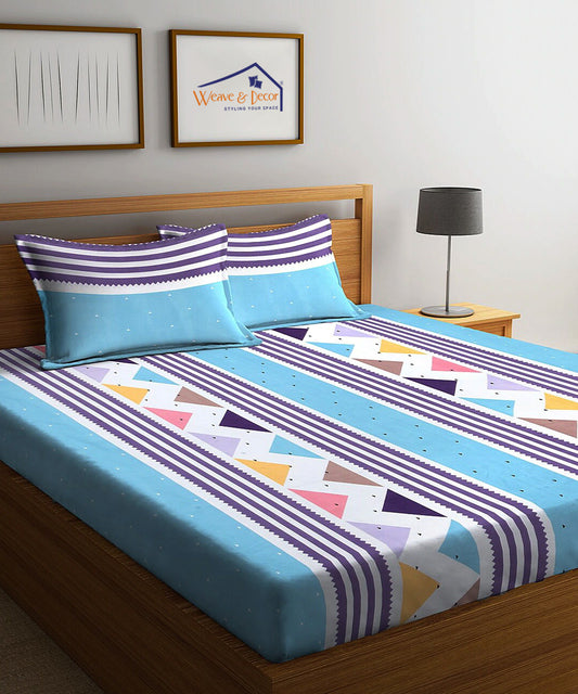 Blue Geometric Double Bedsheet With 2 Pillow Cover