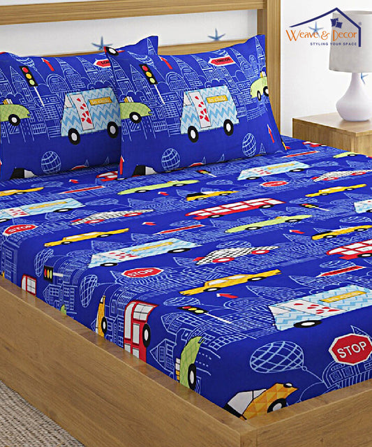 Toy Car Kids King Fitted Bedsheet With 2 Pillow Covers