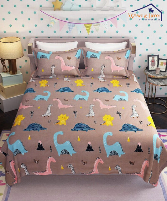 Cute Dinosaur King Size Bedsheet With 2 Pillow Cover