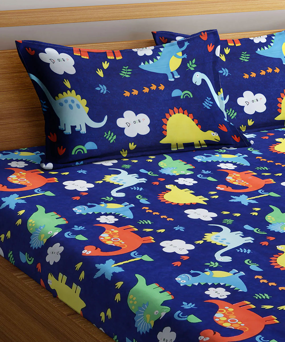 Blue Dinasaur Kids Double Bedsheet with 2 Pillow Covers