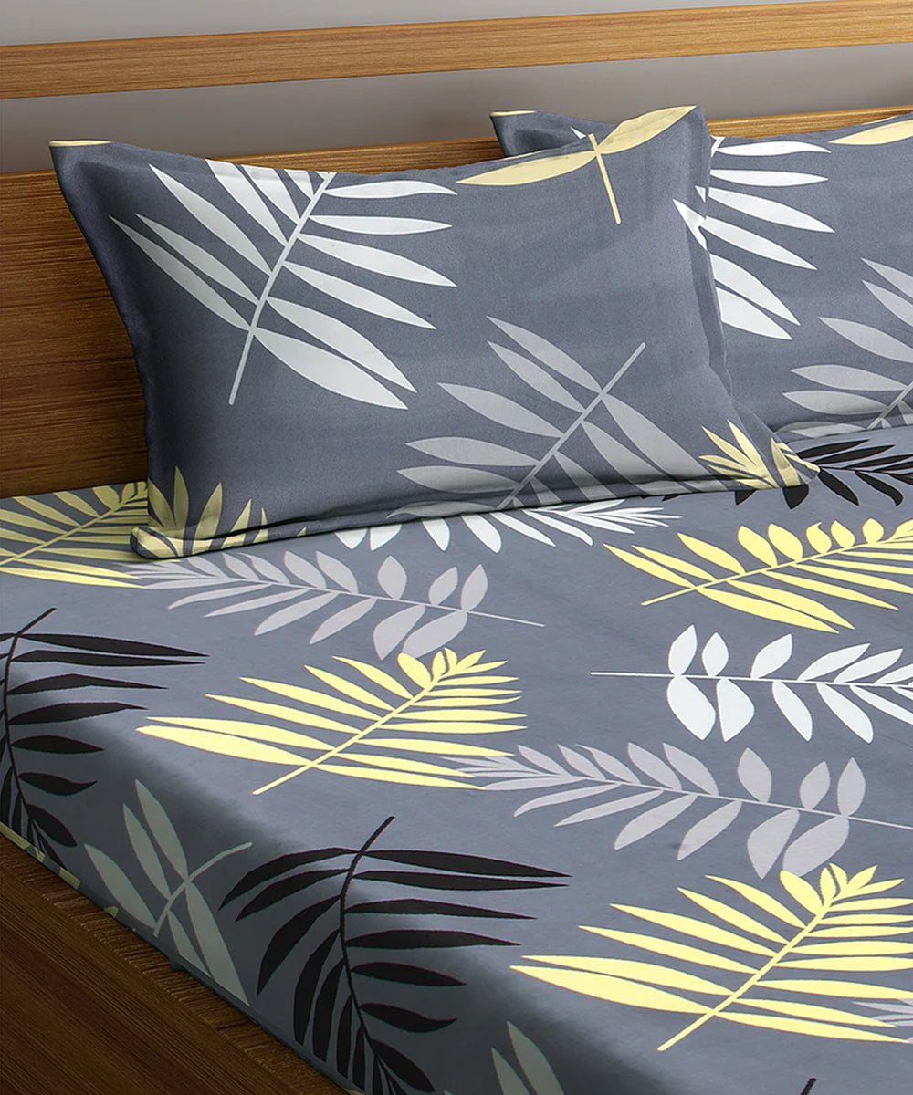Grey Floral Double Bedsheet With 2 Pillow Cover