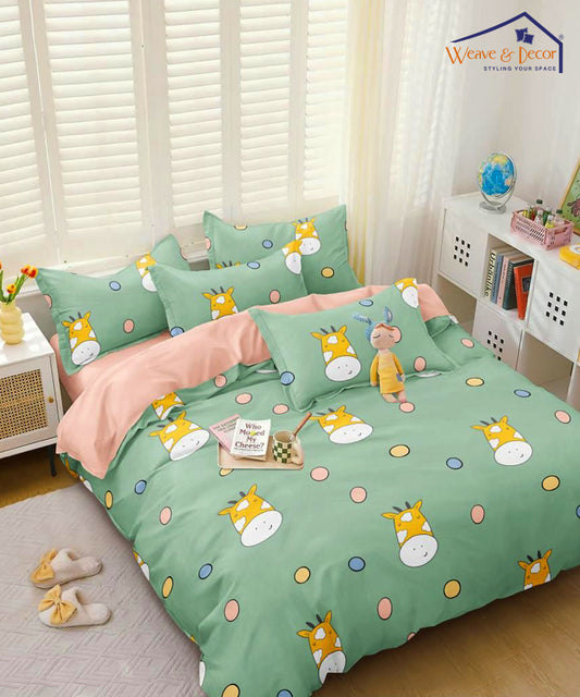 Cute Green Kids Double Bedsheet With 2 Pillow Cover