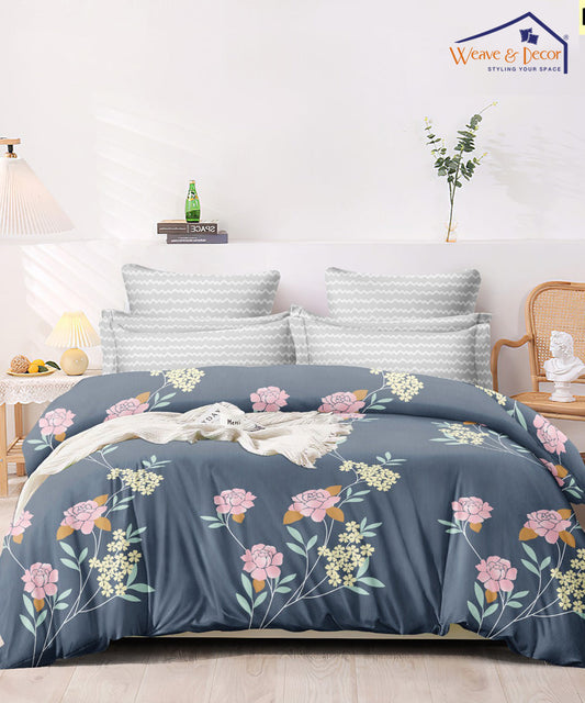 Blue Floral Single Fitted Bedsheet With 1 Pillow Cover